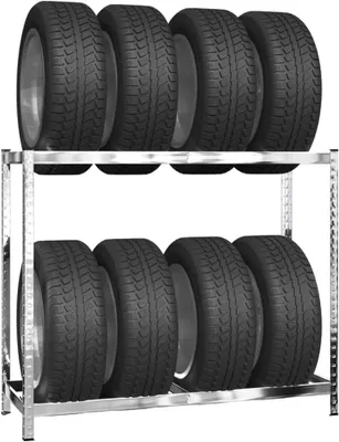 Productafbeelding van 2 zilverkleurige bandenrekken met 2 schappen van staal, 110 x 40 x 110 cm, voor garage en magazijn