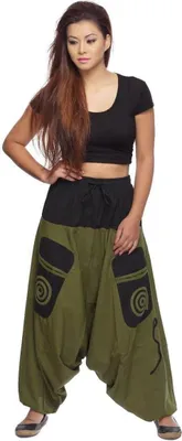 Produktbild von Haremshose Pumphose Aladinhose Pluderhose Yoga Goa Sarouel Baggy Aladin Freizeithose Simandra Damen, grün/schwarz L/XL
