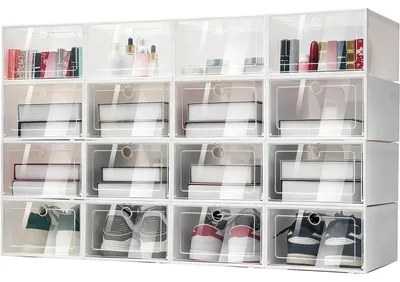 Produktbild von Schuhbox-Set, stapelbares Design, transparente Aufbewahrung, Weiß 16-teilig