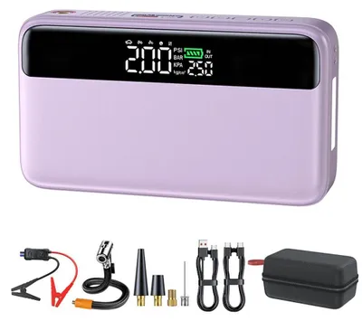 Immagine prodotto di Dispositivo portatile per l'avviamento dell'auto - Powerbank 12 V - 20000 mAh - Corrente di picco 1200 A - Ricarica rapida - 4 celle - Luce SOS - Viola