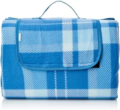 Produktbild von PolkaHome® Wasserdichte Picknickdecke mit Griff, 175 x 200 cm, blau-weißes Karomuster – Ideal für Strand, Park und Camping