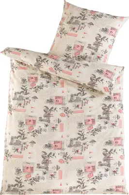 Produktbild von Baumwoll Seersucker Bettwäsche, 135 x 200 + 80x80cm, creme  rose grau, gemustert, bügelfrei, 100% Baumwolle