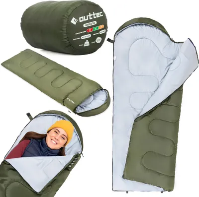 A collage of images showing a sleeping bag in different states: rolled up, laid out, and with a person inside.