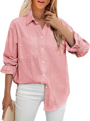 Produktbild von ASKSA Damen Bluse V Ausschnitt Langarm Knoepfen Elegant Hemdbluse Casual Hemden Gestreifte Brusttasche Oberteile (Rot,M)