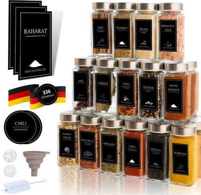Produktbild von comforder Gewürzgläser Set (25 Stück), Gewürz Organizer mit Gewürzstreuer mit Etiketten + Trichter, Gewürzdosen eckig mit Edelstahldeckel, 120ml etal)