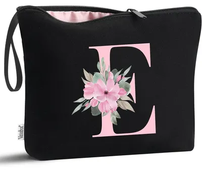 Productafbeelding van Cosmetica tas met gepersonaliseerde letter E, katoen, zwart