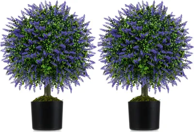 Zdjęcie produktu dla Zestaw 2 sztucznych topiary lawendowych 58 CM z doniczką cementową, wiecznie zielone liście, dekoracja kwiatowa wewnątrz / na zewnątrz, sztuczne rośliny, zielony + fioletowy