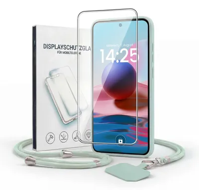 Produktbild von Handyhülle für Xiaomi Redmi Note 10 mit Handykette und 9H Displayglas Displayschutz Band Kordel Hülle Case Schutzhülle Türkis