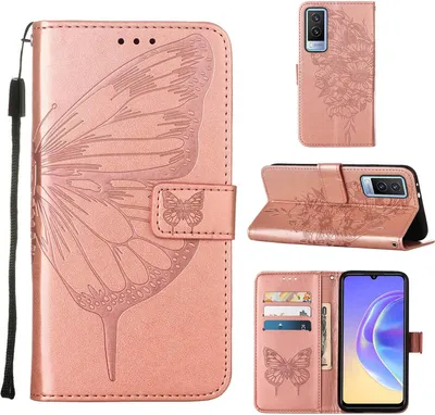 Obrázek produktu pro VIVO V21E 5G Pouzdro, Motýlí Reliéf Flip Kožené Pouzdro s Kapsami na Karty a Stojánkem pro VIVO V21E 5G Růžové zlato