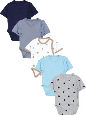Produktbild von TupTam Baby Jungen Kurzarm Wickelbody Baumwolle Body 5er Set , Farbe: Sterne Beige Navy Uni Grau Uni Sterne Uni Türkis Uni, Größe: 68