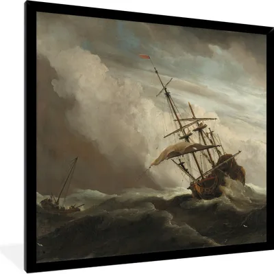 Produktbild von MuchoWow® Gerahmtes Poster Ein Schiff auf See in einem fliegenden Sturm - Gemälde von Willem van de Velde 40x40 cm - Poster mit Schwarzem Bilderrahmen Wandposter Rahmen Foto Bilder - Mit Rahmen - Wanddekoration Schlafzimmer