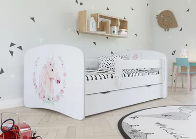 Produktbild von Kinderbett Jugendbett 80x180 cm Weiß mit Rausfallschutz Schublade und Lattenrost Kinderbetten für Mädchen und Junge - Einhorn