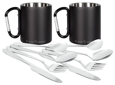 Produktbild von Edelstahl Thermobecher mit Karabiner & Camping Essbesteck Set für 1-4 Personen