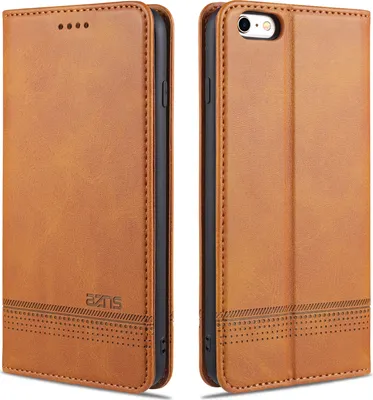 A product shot of a brown leather phone case for an iPhone 6s Plus, shown from two angles.