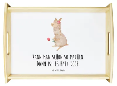 Produktbild von Mr. & Mrs. Panda couchtablett Alpaka Blume - Weiß - Geschenk, Holztablett, Servier Tablett, Deko, Lama, Lamas, sofatablett, Bett-Tablett, Witz