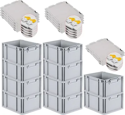 Produktbild von SuperSparSet 10x Eurobox NextGen Economy mit Scharnierdeckel und gelben Schiebeschnappverschlüssen | Griffe geschlossen | HxBxT 22x30x40cm | 20 Liter | Eurobehälter, Transportbox, Transportbehälter, Stapelbehälter