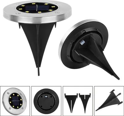 A product shot of solar ground lights, with multiple views and components shown.