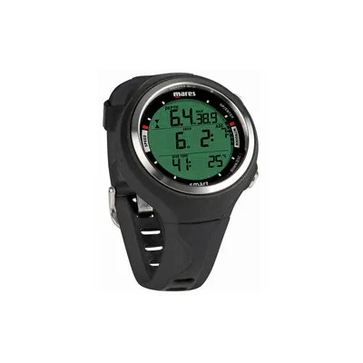 A black Mares Smart dive computer watch with a green digital display.