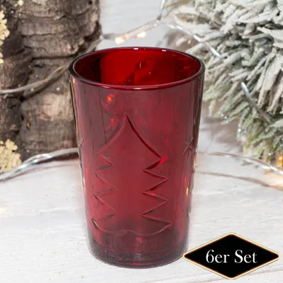 Produktbild von Teelichthalterset, Baum, 6er Set | Glas, Rot | H9,5xB6,5 cm