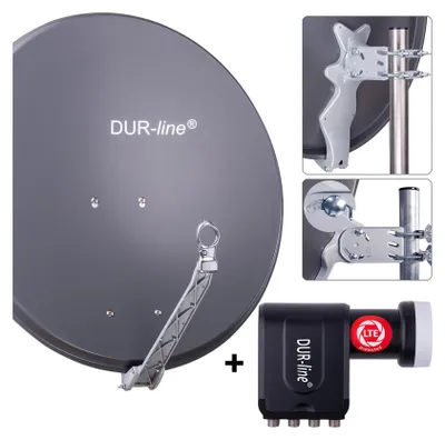 A collage showing a satellite dish, mounting brackets, and an LNB.