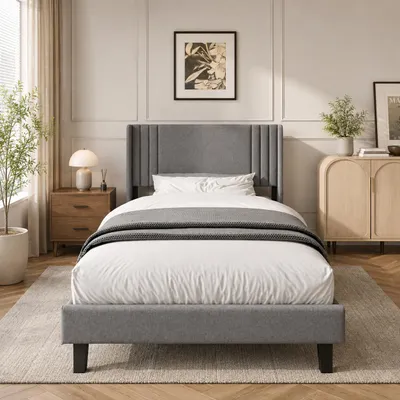 Productafbeelding van INONEFT Bedframe, 90x200 cm, Gestoffeerd bed met opbergruimte onder het bed, Kinderbed/tienerbed met hoofdeinde en lattenbodem, Zonder matras, Linnen, grijs, AI-gegenereerde afbeelding