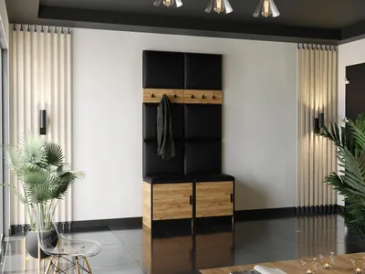 Produktbild von KIER FURNITURE Kleiderschrank, Eiche Ökoleder, Craft Golden Schwarz, 106 4x205x39cm, zwei ausziehbare Kleiderstangen, universelle Montage, inkl. Polsterplatten für Sitzfläche und Wände, ausziehbarer Kleiderbügel, für Flur & Eingangsbereich, montagefertig, Lieferung in den ersten Raum