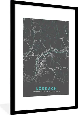 Produktbild von MuchoWow® Gerahmtes Poster Deutschland - Blau - Lörrach - Stadtplan - Karte 60x90 cm - Poster mit Schwarzem Bilderrahmen Wandposter Rahmen Foto Bilder - Dekoration - Wandposter Wohnzimmer - Hochwertig
