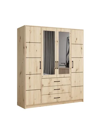Produktbild von Drehtürenschrank Kleiderschrank 200 cm breit mit Spiegeln, 3 Schubladen und dekorativen streifen – Artisan mit schwarzen Griffen