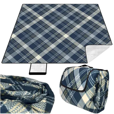 Produktbild von KRUMAD Picknickdecke Wasserdicht 200x200 cm XXL Isoliert Outdoor Campingdecke Faltbar mit Tragegriff Marineblau Beige