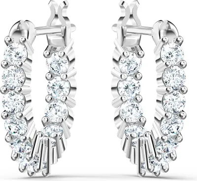 A pair of silver hoop earrings with clear stones, shown against a white background.