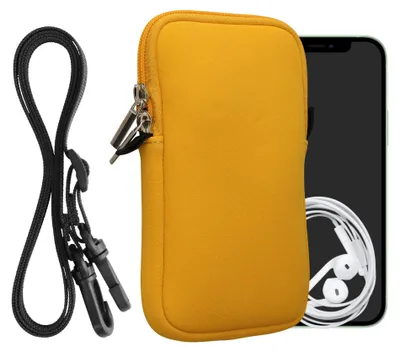 Produktbild von kwmobile Handytasche für Smartphones XL - 6,7/6,8" - Neopren Handy Hülle Honiggelb mit Kordel - Handy Tasche mit Handykette 17,2 x 8,4 cm Innenmaße
