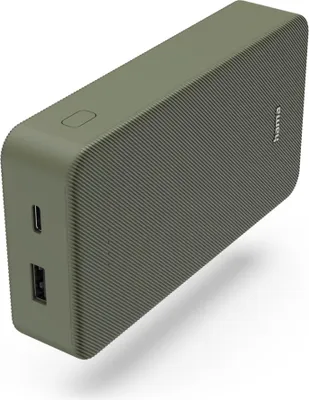 A green power bank with textured sides and ports on the front.