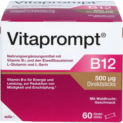 Produktbild von Vitaprompt B12 500 μg Direktsticks mit Waldfrucht-Geschmack zur Reduktion von Müdigkeit und Erschöpfung, 60 St. Sticks