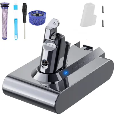A collection of vacuum cleaner replacement parts, including a battery, filters, and tools, arranged on a white background.