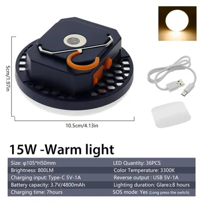 Produktbild von LED Campinglampe - 15W tragbare Arbeitsleuchte - IP65 wasserdicht - stufenlos dimmbar - USB-C Ladefunktion - warmweißes Licht