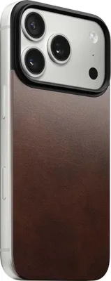 A close-up, angled view of the back of a smartphone case with a wood-grain texture and a camera bump.