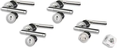 Four door handle sets are arranged on a white background, with a small dice in the lower right corner.