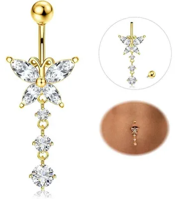 Image de Piercing pour nombril, titane 14G/1,6mm, argent/or, avec zircone, motifs : papillon, cœur, goutte