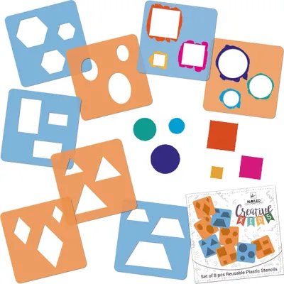 Produktbild von Schablonen Malen für Kinder, 8 Stück Set 15x15 cm Geometrische Figuren, Kinder Kreatives Zeichenschablonen, Kunststoff Wiederverwendbar Malschablone