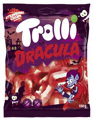 Obrázek produktu pro Trolli Dracula, žvýkací bonbóny s pěnovou texturou, příchuť jahody, 150g