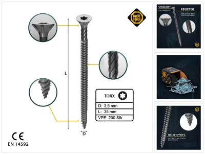 Zdjęcie produktu dla FORTE Tools Uniwersalny wkręt do drewna 3,5 x 35 mm T15 200 szt. ( 000040113864 ) ocynkowany na srebrno z łbem stożkowym Torx z pełnym gwintem