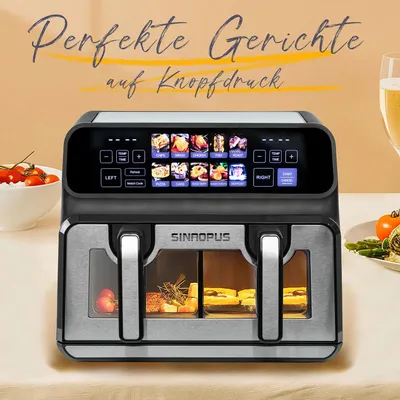 Immagine prodotto di Friggitrice ad aria - 9 litri, doppio cestello - 2200 W - Controllo touch screen - 10 funzioni - Finestra trasparente - 50–200 °C