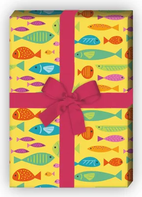 Produktbild von Lustiges Sommer Geschenkpapier mit Fischen auf gelb - G7508, 32 x 48cm