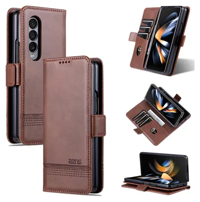 Image de Galaxy Z Fold4 Case, portefeuille avec fermeture magnétique et support, étui en cuir pour Samsung Galaxy Z Fold 4 5G Coffee