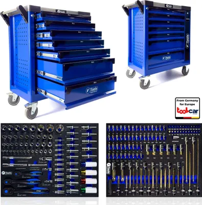 Immagine prodotto di Carrello da officina 7 cassetti, 6 riempiti, attrezzati, riempiti - Inserti in EVA/schiuma blu, ordinati logicamente, 4 ruote (2 di arresto), acciaio al cromo vanadio