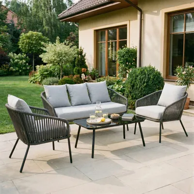 Produktbild von Gartenmöbel BENGAL mit Dreisitzer, zwei Sessel, Beistelltisch in schwarz/grau, Strapazierfähige, wasserabweisende Polster, Gestell aus Aluminium, Beistelltischplatte aus Sicherheitsglas