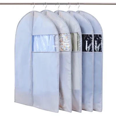 Productafbeelding van Set van 5 grijze kledinghoezen, 60 x 100 cm, gemaakt van ademend en waterdicht materiaal met een transparant venster, geschikt voor pakken, jurken, jassen, overhemden, avondjurken, kledinghoezen, opbergzakken voor kleding.