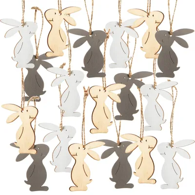 Produktbild von 18 kleine Osterhasen aus Holz 6,5 cm grau braun beige - Osterdeko zum Aufhängen