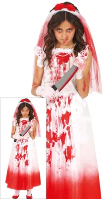 Produktbild von Halloween Braut Grusel Verkleidung Kinder Weiß Rot Schleier, Größe: 110/116 Farbe: Weiß / Rot