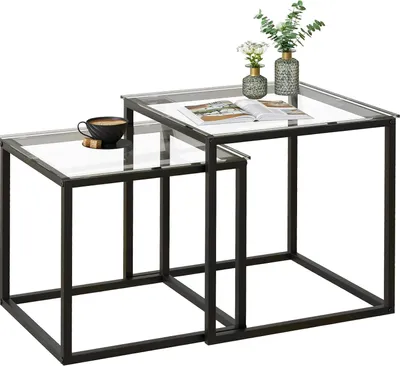 Nesttische Set 2er, Glasplatte, schwarz, 50/45 cm